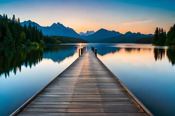 A rustic brown wooden dock stretches out into the shimmering body of water, reflecting the golden hues of the setting sun - AI Generative