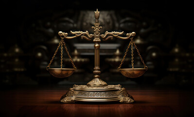 Antique styled golden scales of justice on a wooden table in the courtroom
