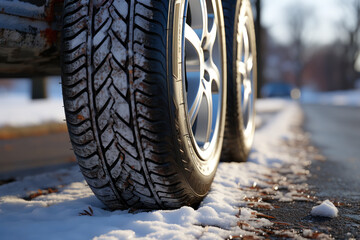 A close-up perspective captures car tires in winter as they navigate snowy roads. This scenario...