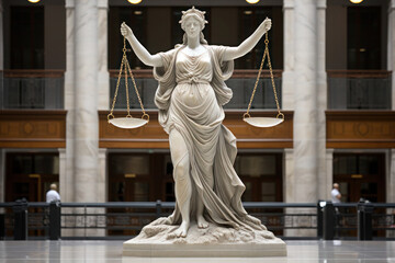 Statue of Lady Justice with scales and blindfolded in a courthouse with columnar architecture - obrazy, fototapety, plakaty