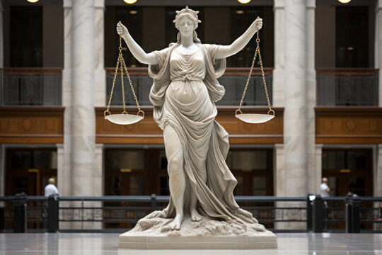 Statue of Lady Justice with scales and blindfolded in a courthouse with columnar architecture