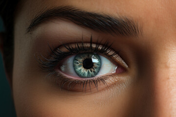 Fototapeta premium The close-up examination of a beautiful female eye emphasizes intricate details and a natural makeup look within a fashion context. Generative Ai.