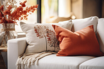 A close-up view accentuates a fabric sofa adorned with white and terra cotta pillows, showcasing the interior design of a modern living room with a French country style. Generative Ai.