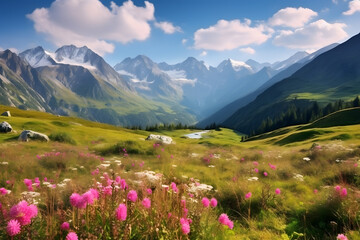 Beautiful mountain village scenery with fresh green meadows