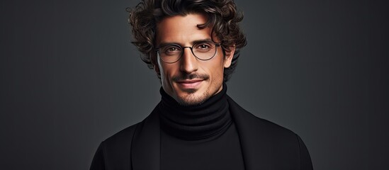 In the studio a stylish and sophisticated man with curly hair is portrayed in fashion donning a black turtleneck and glasses against a gray backdrop