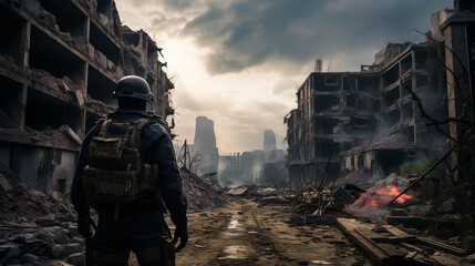 Soldier from behind with rifle in hand looks at the bombed city. War, war time. - obrazy, fototapety, plakaty