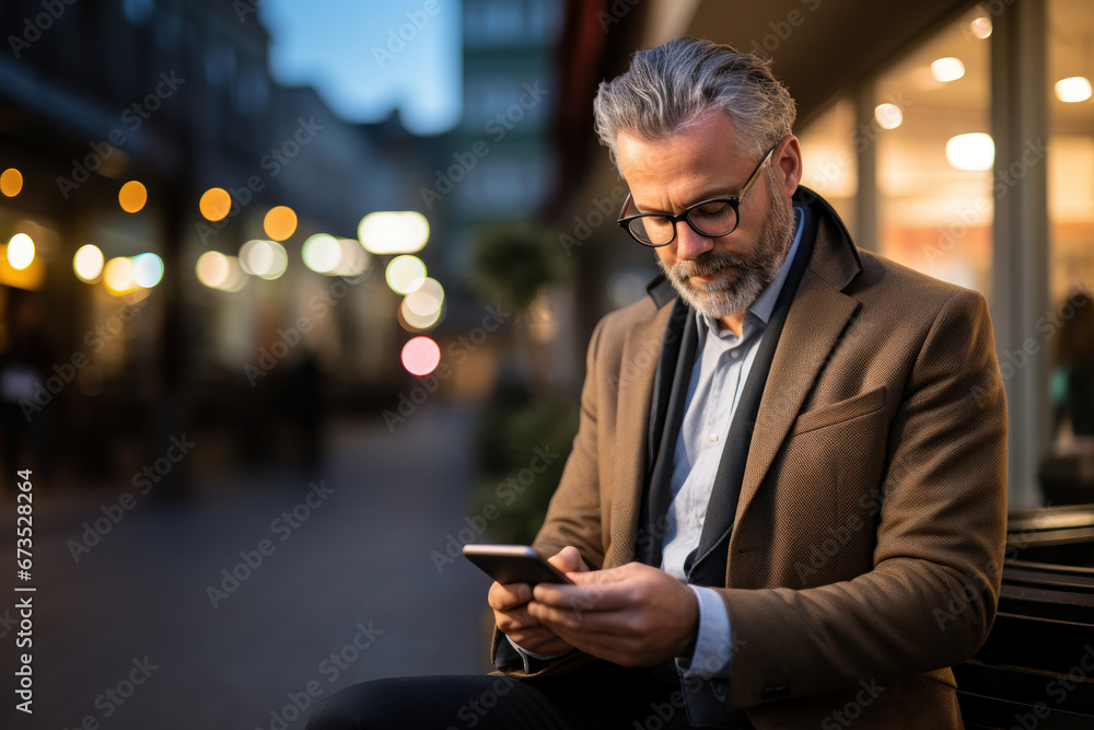 Poster a close-up image features a businessperson engrossed in watching a smart mobile phone device while o