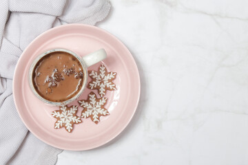 Christmas gingerbread cookies and chocolate milk mug, concept of winter holidays desserts and decoration