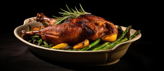 During the festive season an asparagus encircled pottery dish showcases a bread filled roasted duck flavored with rosemary