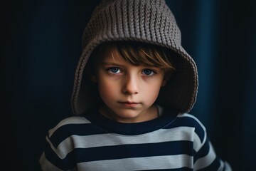 Portrait of a little boy in a sweater and a hat.