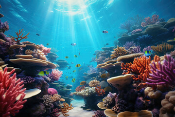 A vibrant coral reef teems with colorful marine life, illustrating the wonders of underwater ecosystems. Coral reef and marine biodiversity. Generative Ai. - obrazy, fototapety, plakaty