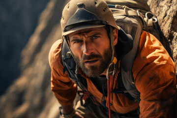 Obraz premium A professional rock climber conquers a challenging ascent, showcasing strength, agility, and determination in the vertical world. Rock climbing and extreme sports. Generative Ai.