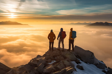 Three Adventurers Conquering the Clouds on a Majestic Mountain Peak - obrazy, fototapety, plakaty