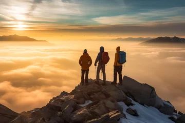 Foto op Plexiglas Three Adventurers Conquering the Clouds on a Majestic Mountain Peak © Nedrofly