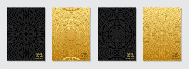 Set of covers, vertical templates. Original collection of relief geometric backgrounds with ethnic 3D pattern, gold texture. Unique boho style, ornaments of the East, Asia, India, Africa, Mexico