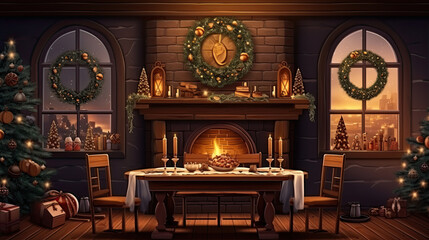 Interior design of warm dinning room interior with christmas table, wooden console, christmas gifts, gingerbread, candle, star on wall christmas wreath and personal accessories. Home decor. Template. 