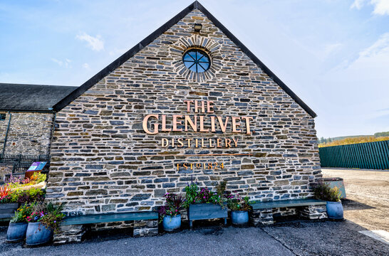 Dufftown Region, Scotland - September 23, 2023: Exterior signage around The Glenlivet Whiskey Distillery in the region around Dufftown in Scotland
