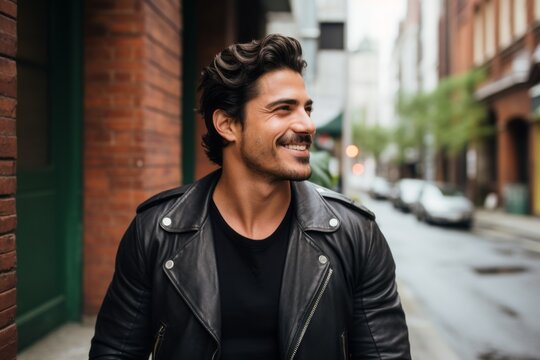 Portrait of a handsome young man in black leather jacket smiling on the street