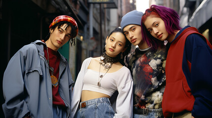 retro fashion y2k teenagers with 80s 90s fashionable clothes