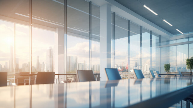 A minimalistic image of a modern office interior with panoramic windows, featuring a beautiful blurred background.