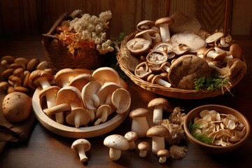Mushroom Medley - Fresh Cremini, Shiitake and Oyster Mushrooms on Wooden Cutting Board
