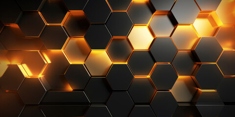 Abstract futuristic luxurious digital geometric technology hexagon background banner illustration 3d - Glowing gold, brown, gray and black hexagonal 3d shape texture wall