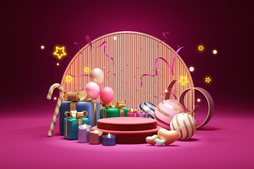 Red velvet circle pedestal. podium display balloons, stars, gift box, confetti, ribbon, glow light candle celebrate luxury backdrop. Gift birthday party, Christmas, New Year festival. 3D Illustration.