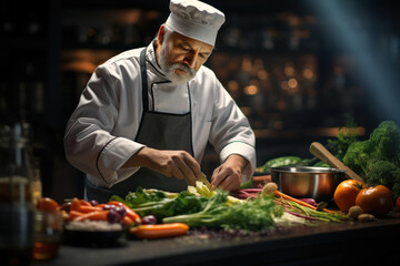 A seasoned chef, donning a chef's hat and uniform, prepares a fusion dish blending flavors from various global cuisines, representing the beauty of culinary innovation. Generative Ai.