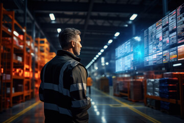 An efficient logistics manager oversees the smooth operation of a vast warehouse, illustrating the importance of supply chain management in business. Generative Ai.