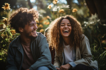 Fototapeta premium A diverse group of friends laughing together at a park, exemplifying the joy of genuine connections. Concept of friendship and happiness. Generative Ai.
