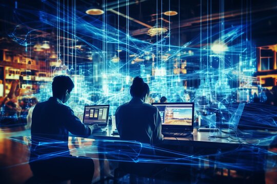 Office Team Collaborating on Project in Modern Workspace with High-Tech Equipment