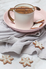 Christmas gingerbread cookies and chocolate milk mug, concept of winter holidays desserts and decoration