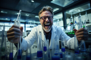 A scientist excitedly making a discovery in the laboratory, representing the happiness of innovation and progress. Concept of research and scientific breakthroughs. Generative Ai.