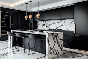 Premium luxury modern minimalist kitchen interior. Marble table, stools of black stylish kitchen composition. Side view