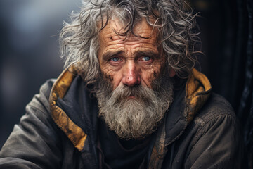 A homeless individual, looking weary and desolate on a city street. Concept of poverty and despair. Generative Ai.