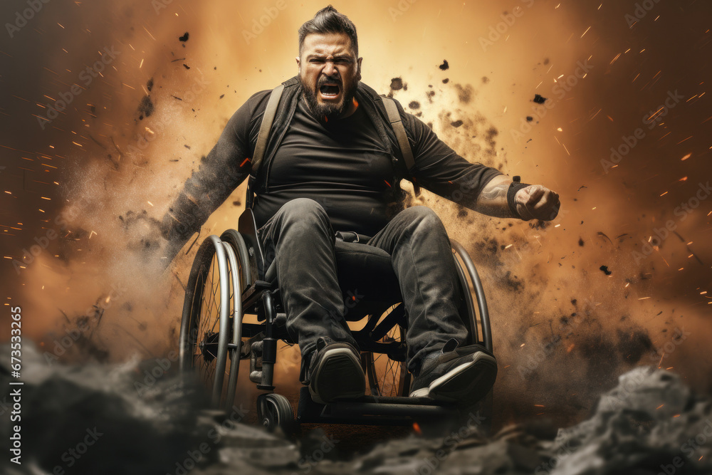 Poster a person with a disability, encountering obstacles with a determined but sad expression. concept of 