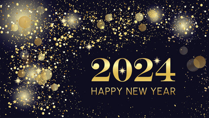  New Year shiny color gold design element. Card or banner to wish a happy new year with stars and circles in gold color. Gold christmas or celebration background. 2024. Gold and black