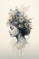Enigmatic Double Exposure. Alluring Woman and Flowers.