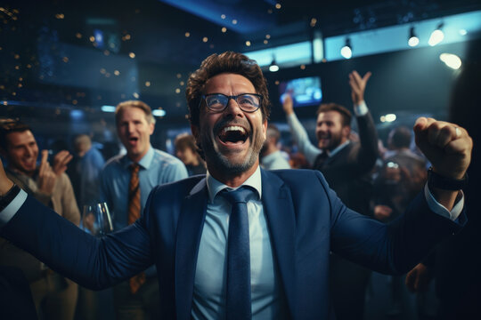 A male manager expresses his elation as he unveils a new, innovative product to a captivated audience. Concept of product launches and innovation. Generative Ai.