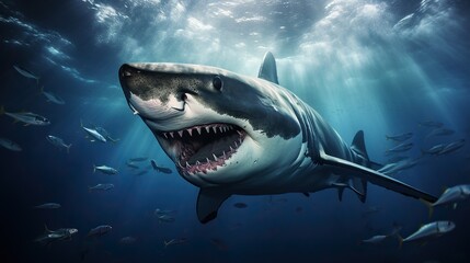Ocean shark underwater bottom view, open toothy dangerous mouth, blue sea clear water