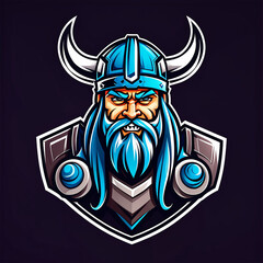 Viking logo design. Nordic warrior symbol. Horned Norseman emblem. Barbarian man head icon with horn helmet and beard. Brand identity vector illustration