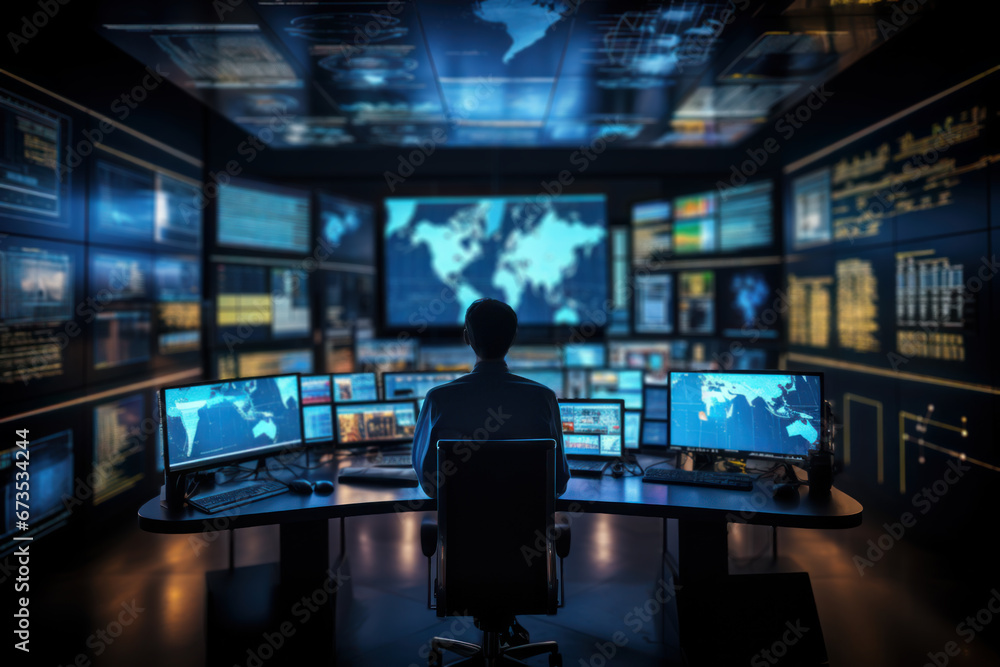 Poster a technology-packed control room with numerous screens displaying data. concept of monitoring and ma