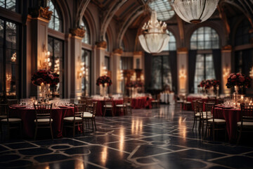 An elegant ballroom adorned with chandeliers, ready for a glamorous soirée. Concept of opulence...