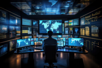 A technology-packed control room with numerous screens displaying data. Concept of monitoring and management. Generative Ai.