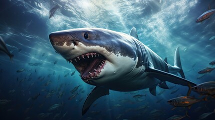 Ocean shark underwater bottom view, open toothy dangerous mouth, blue sea clear water