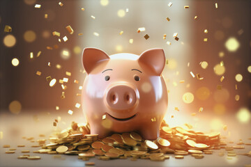 Piggy bank saves a lot of money gold shower coins advertisement wallpaper background