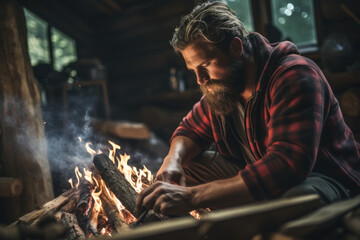 A rugged man with a beard and flannel shirt, chopping firewood in a remote cabin. Concept of self-sufficiency and off-grid living. Generative Ai. - obrazy, fototapety, plakaty