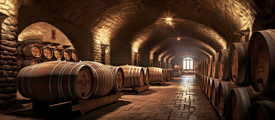 wine cellar with barrels. AI generated.