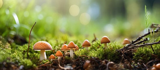 A charming penny bun mushroom is sprouting in the grass The attractive little brown cap of a cep is the main attraction This delectable fungus is a popular choice for vegetarians and is foun - obrazy, fototapety, plakaty