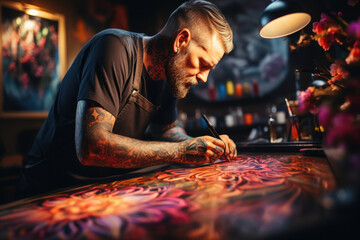 An artist creating intricate tattoos on a client's skin in a tattoo parlor. Concept of body art and...